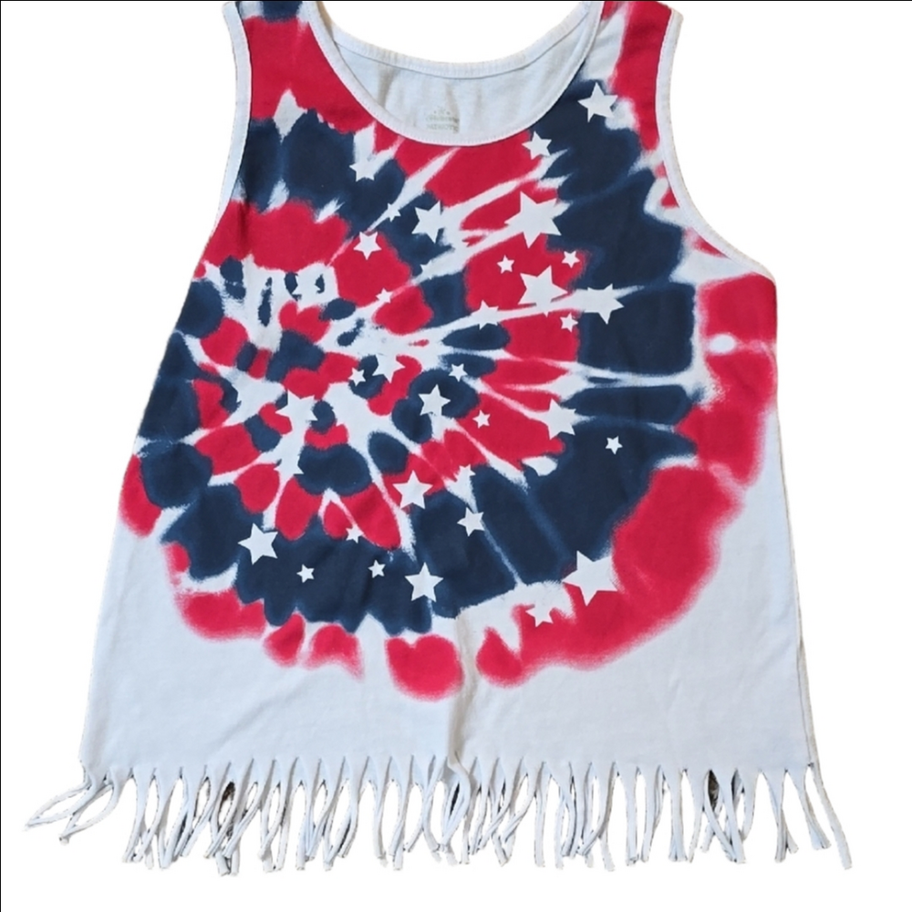 Celebrate! Patriotic Girls Tie-Dye Fringe Tank Top - L (10-12)